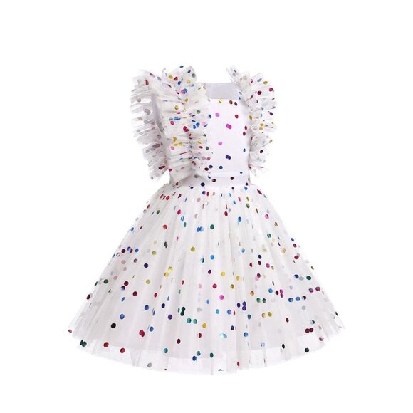 NEW! Girls Confetti Birthday Princess Dress Ruffle Sleeve White SZ 6-7 Years - Picture 5 of 14